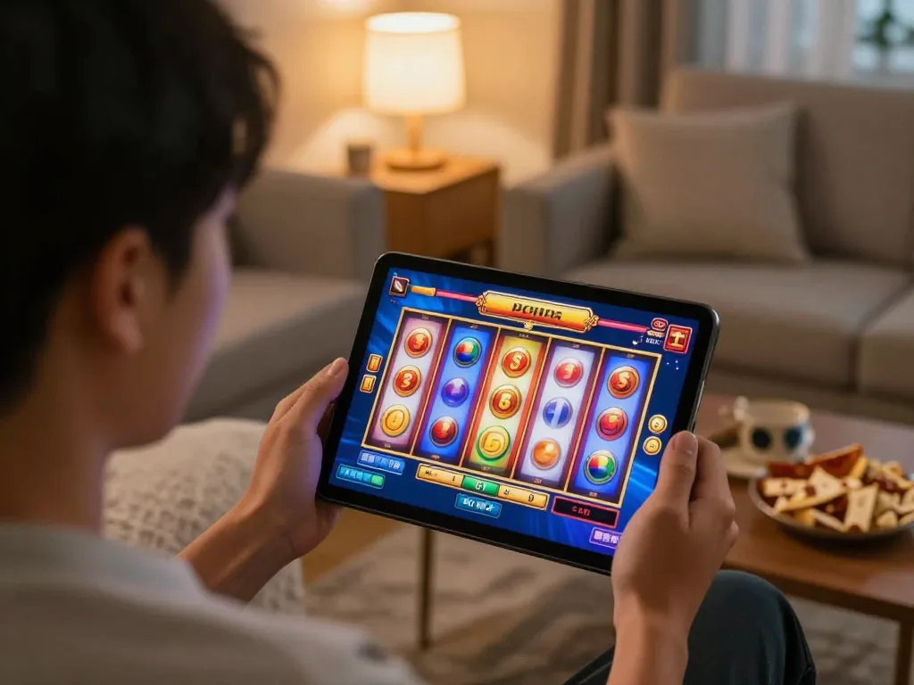 Player enjoying slot gacor thailand action on tablet with colorful slot reels and cozy living room details