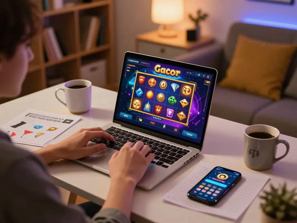 Player engaged in online gambling on a slot gacor game interface, showcasing vibrant graphics and a cozy setup.