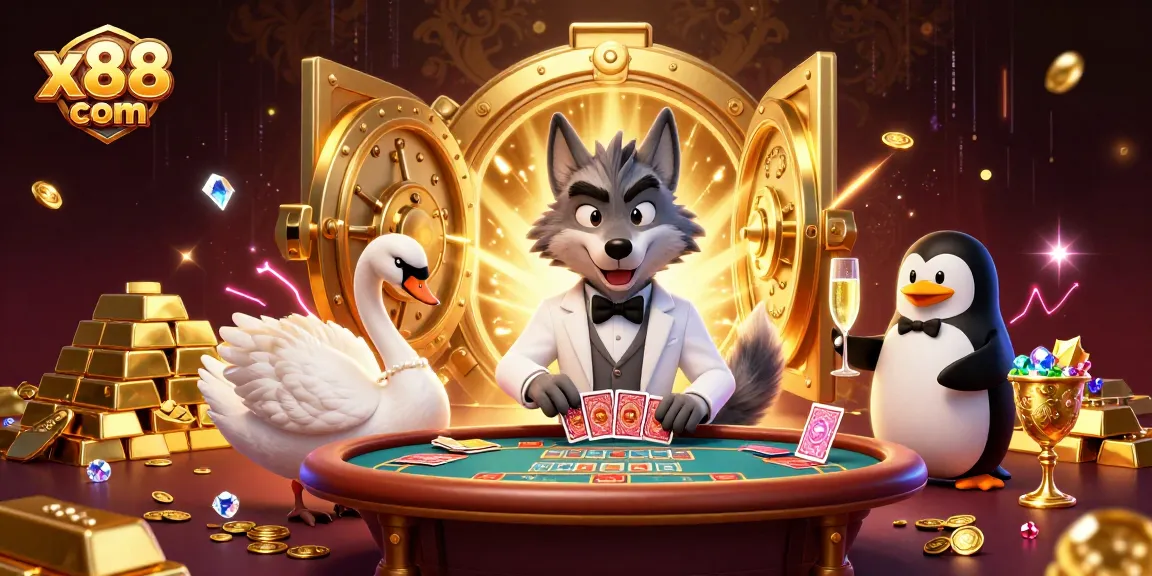 Experience the thrill at x88 com with a debonair wolf at the baccarat table and a swan dealer.