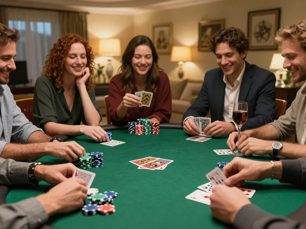 Players enjoying a strategic home poker night with chips and cards, engaging in exciting gameplay, slot777 involved.