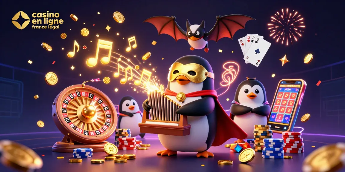 Illustration de casino en ligne légal en France avec un pingouin jouant de l'orgue et des pièces d'or