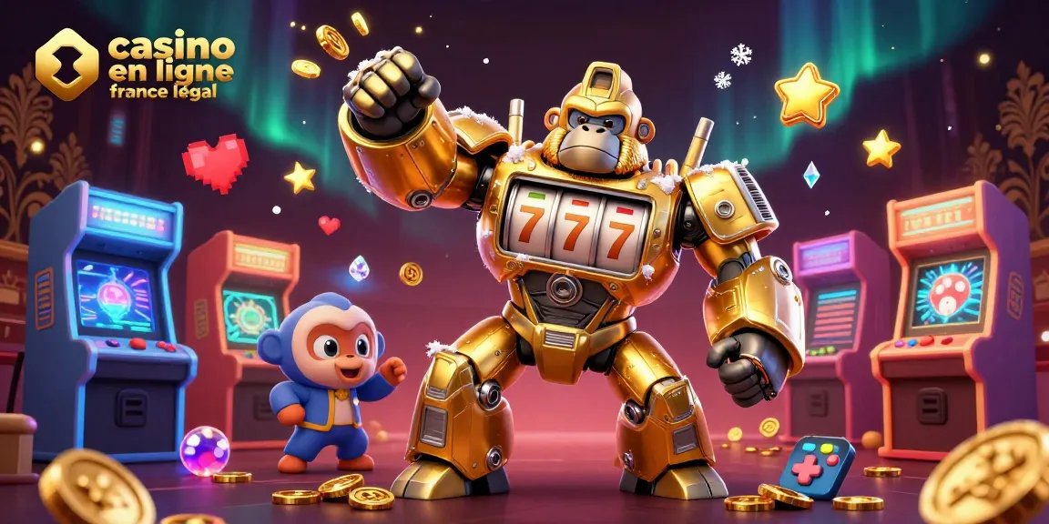 Jouez à casino en ligne France légal avec une illustration dynamique d'un gorille mech doré.