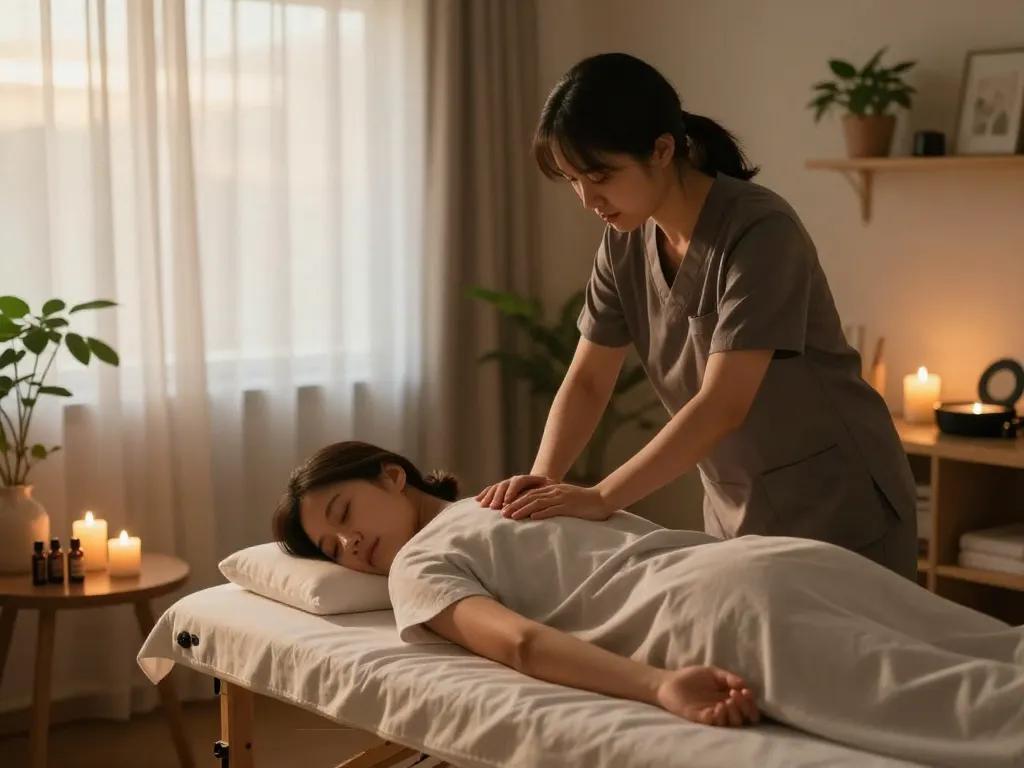 전문 치료사가 케어를 제공하는 가정 웰니스 시연을 보여주는 편안한 경기출장안마 세션.