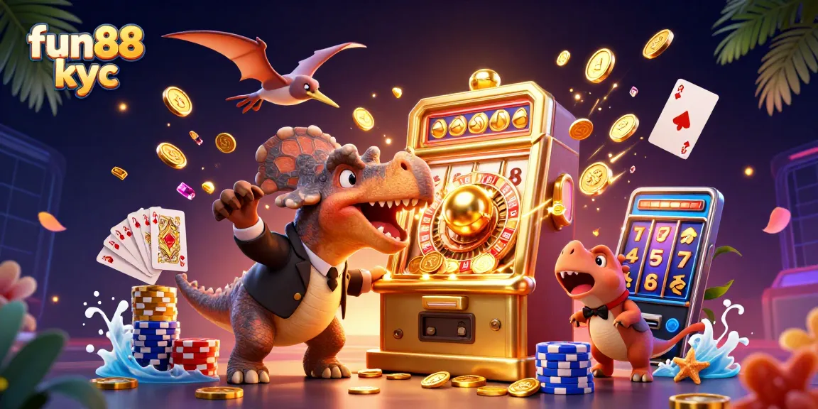 Khám phá fun88 kyc cùng với hình ảnh sinh động của máy đánh bạc vàng và những đồng xu bay lượn
