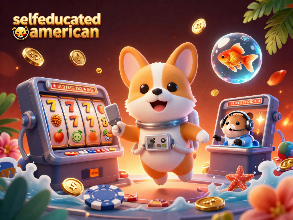 Experience the thrill of selfeducatedamerican with a vibrant casino scene featuring a floating corgi astronaut amidst slots and colorful elements.