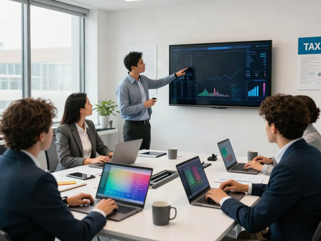 Start a service bureau with a team of tax professionals collaborating in a modern office.