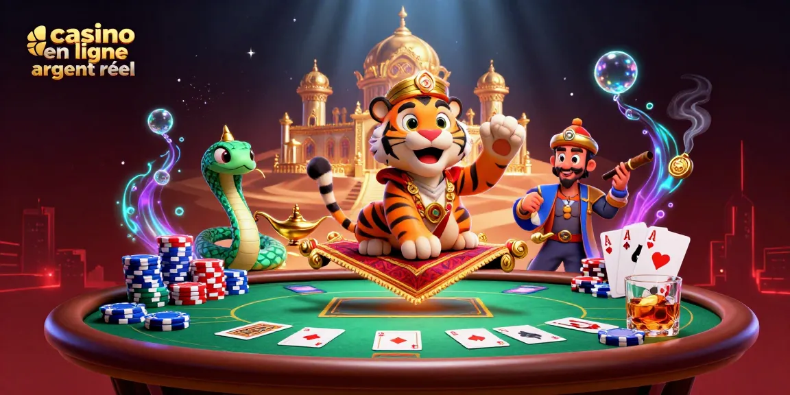 Découvrez le casino en ligne argent réel avec un tigre sultan et des éléments de poker dans un décor féérique.