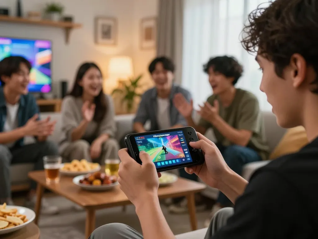Player immersed in hitclubapk app gameplay on mobile while enjoying a casual home gaming night.