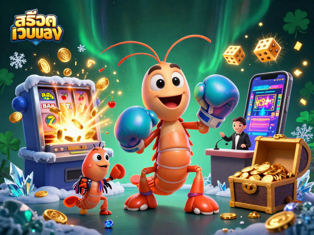Win big on สล็อตเว็บตรง with vibrant 3D casino illustration showcasing jackpot excitement and lively characters.