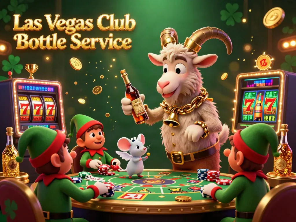 Experience Las Vegas Club Bottle Service with a festive Krampus managing VIP excitement in a vibrant casino scene.
