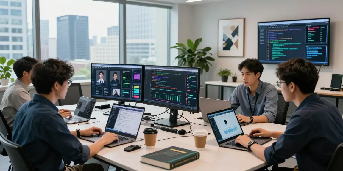 AI detector tool analysis in a modern workspace, showcasing collaborative tech environment with laptops and visual data metrics.
