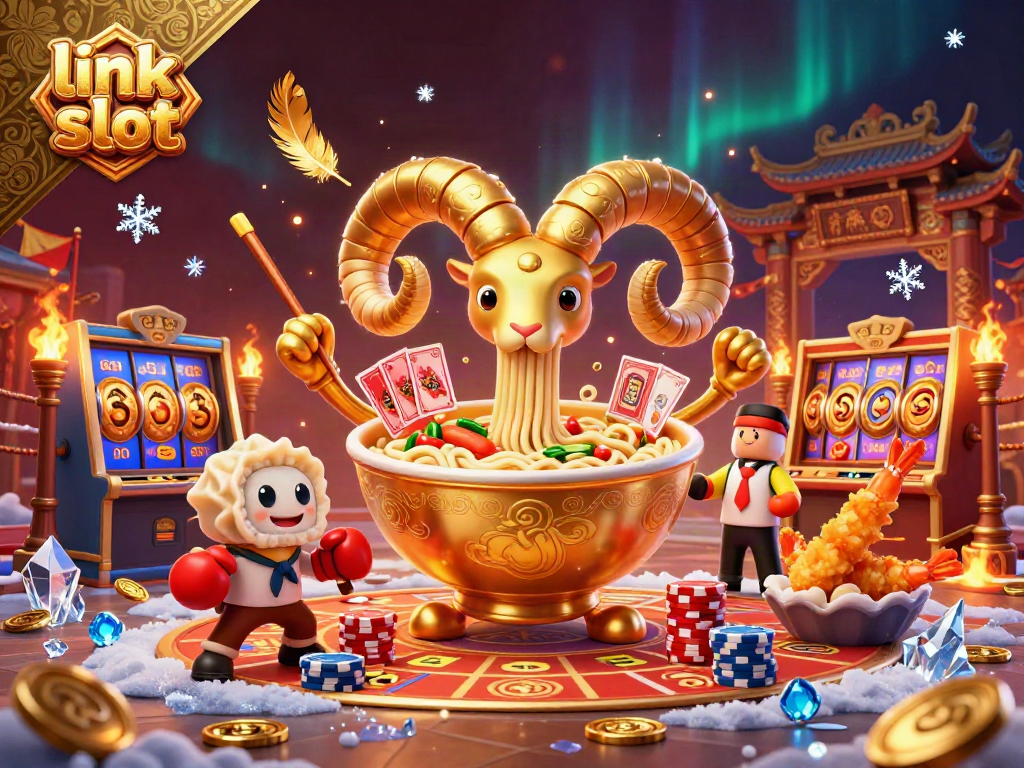 Engage with the exciting link slot gameplay featuring a vibrant giant ramen bowl and dynamic casino characters.
