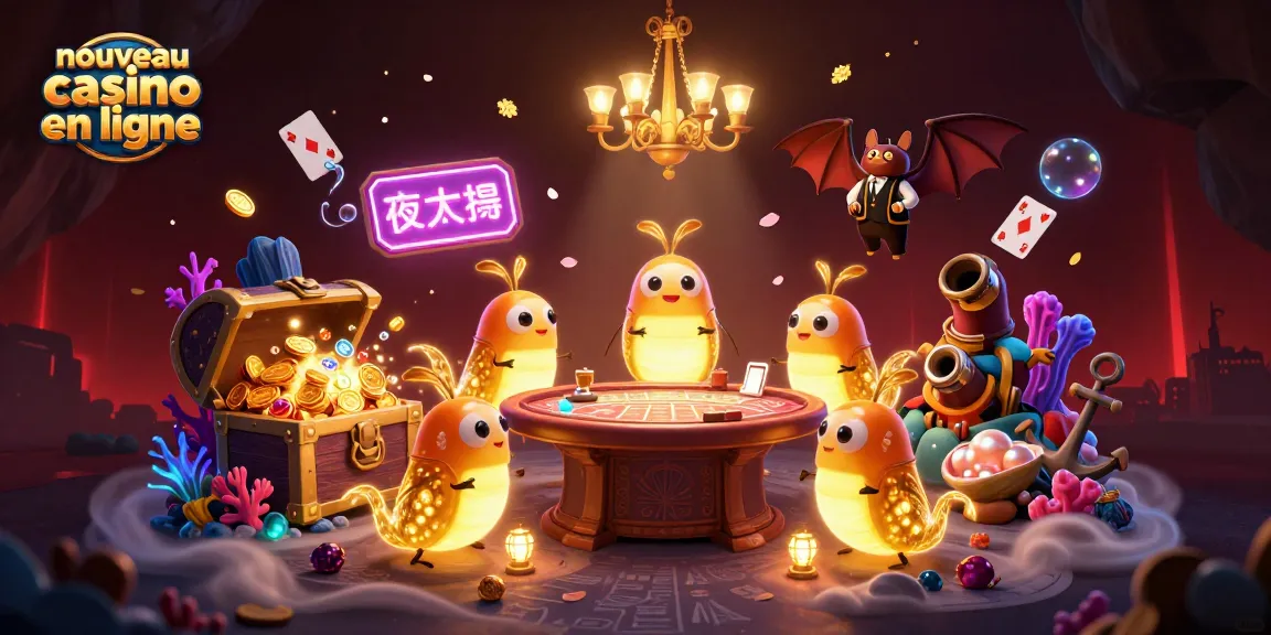 Illustration dynamique de nouveau casino en ligne avec des vers luisants illuminant un casino sous-marin.
