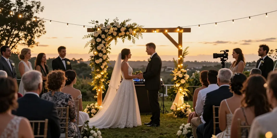 Hochzeit DJ Brandenburg bei romantischer Zeremonie im Freien mit prachtvollem Blumenbogen