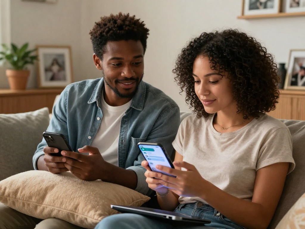 Couple enjoying a sex AI chat on smartphones in a cozy home setting