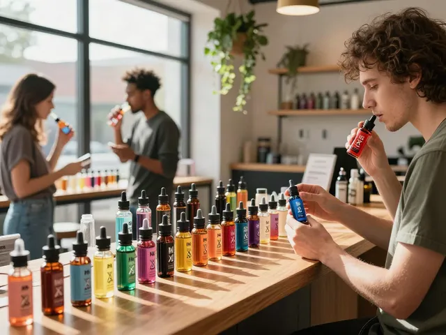 Noms X2 vape juice bottles showcased in a stylish vape shop highlighting vibrant flavors and customer engagement.