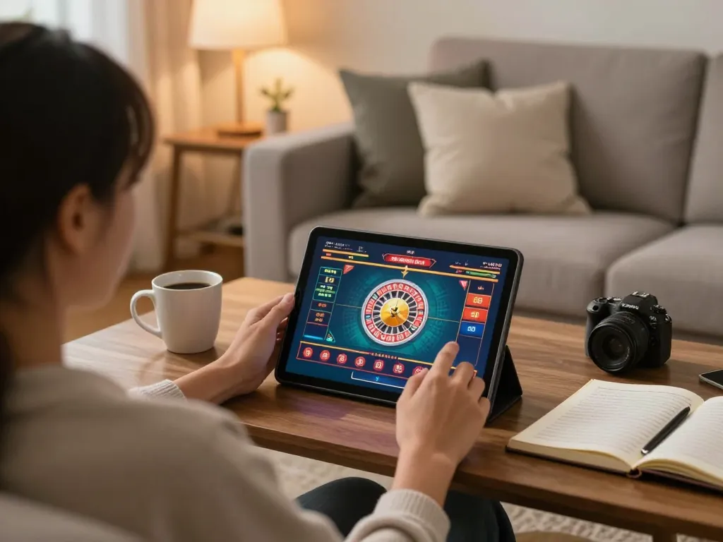 Play at Canada online casinos reddit with a tablet in a cozy living room