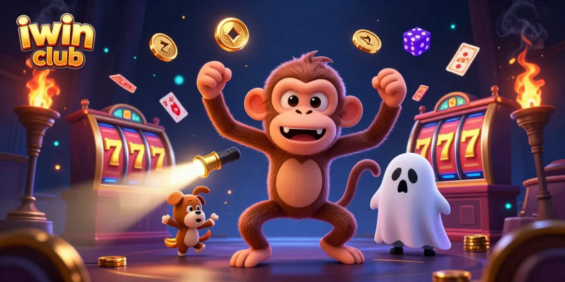 Experience the thrill of iwin club with a lively haunted casino scene featuring a ghost-hunter puppy and golden treasures.
