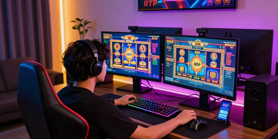 Engaging player enjoying rokok88 alternatif online casino games in a vibrant gaming setup with dual monitors and colorful visuals.