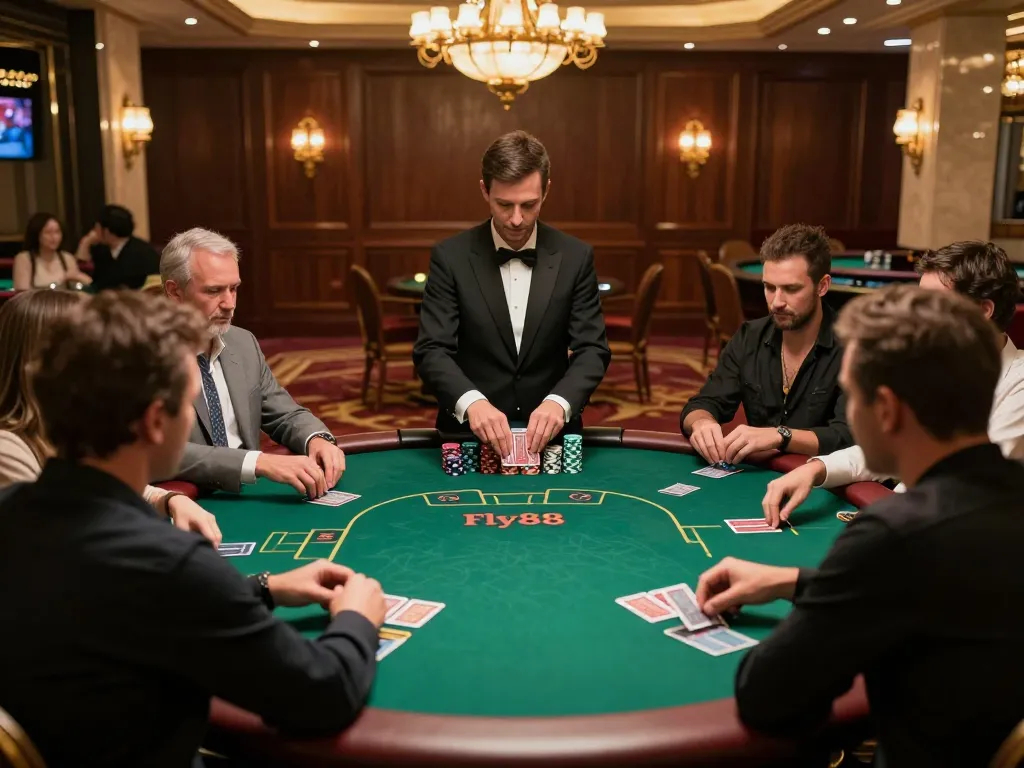 Experience strategic gameplay at fly88 with players focusing on high-stakes poker at a luxury casino table.