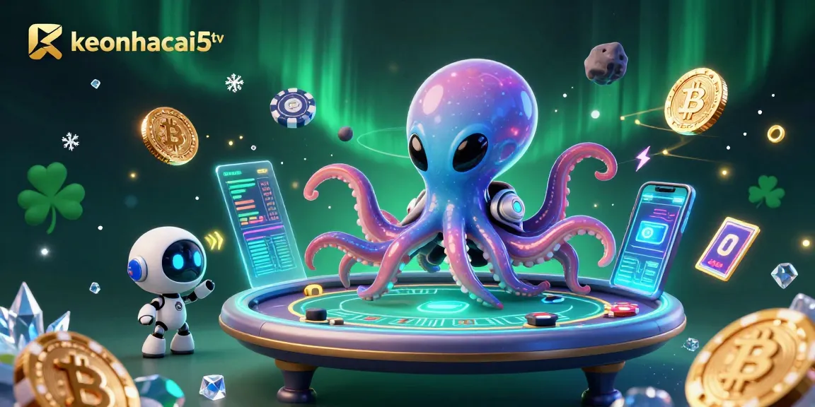 Engage with keonhacai5tv in this dynamic 3D illustration featuring a space octopus at a poker table.