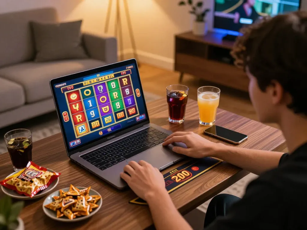 Enjoying a thrilling online slot bet 200 perak experience with laptop gaming setup and cozy ambiance