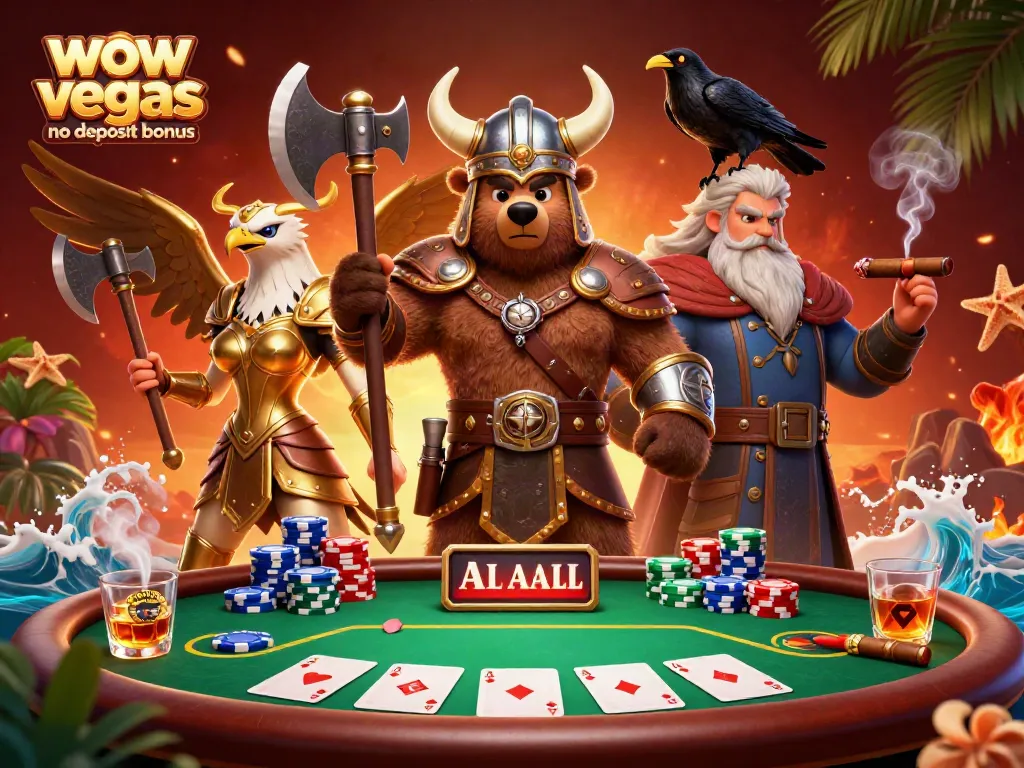 Experience the thrill of WOW Vegas no deposit bonus with vibrant casino elements and exciting characters.