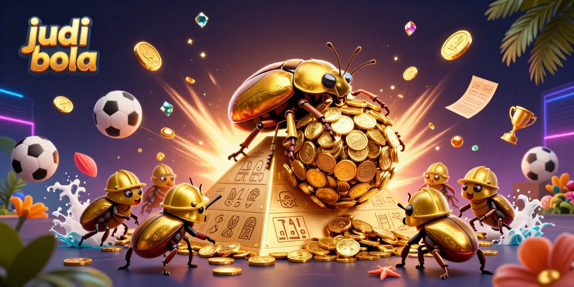 Engage in judi bola excitement with a dynamic scene depicting sports betting elements and a golden beetle.