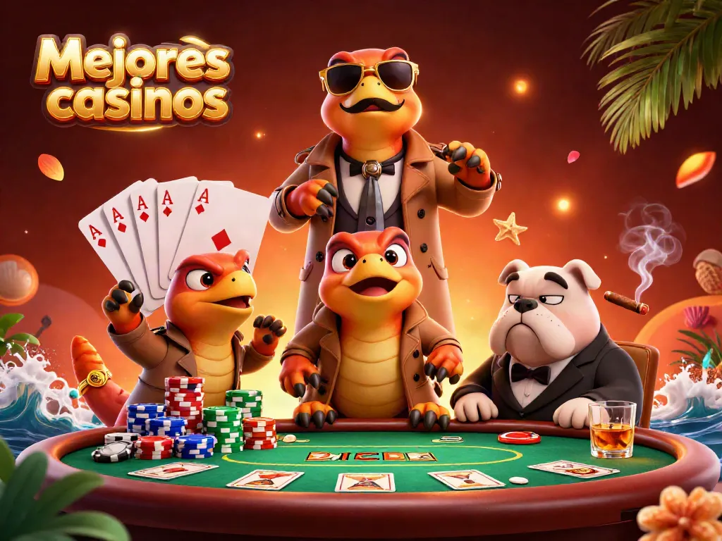Descubre los mejores casinos en México con tres raptores disfrazados y un bouncer canino en un ambiente de juego animado.