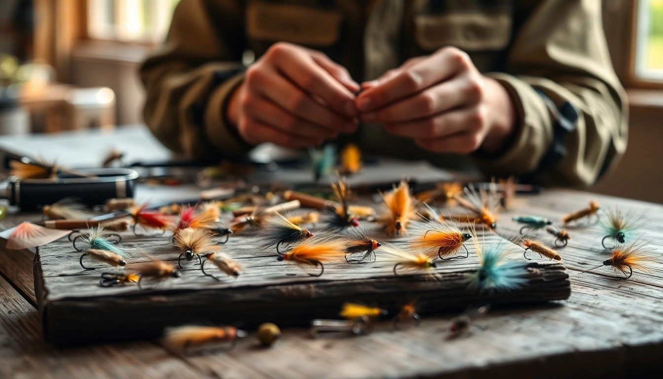 Engaging scene of fly tying with an artisan crafting colorful flies for fishing.