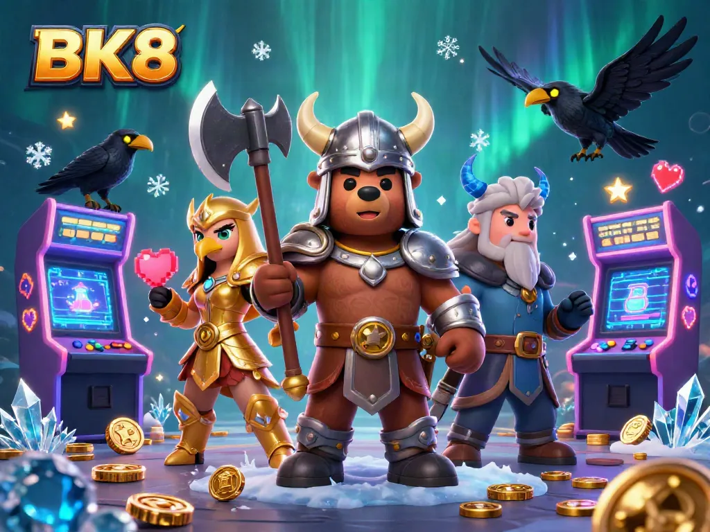 Engage with BK8's colorful gaming experience featuring a Viking bear and Valkyrie amidst vibrant casino elements.