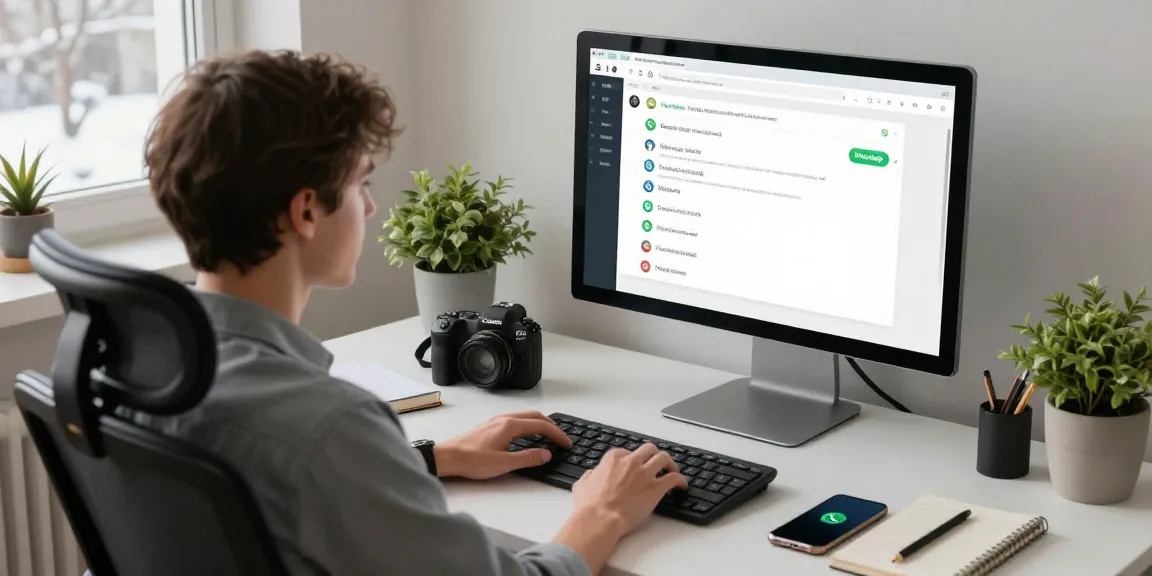 Using WhatsApp電腦版 on a desktop in a cozy home office setting.