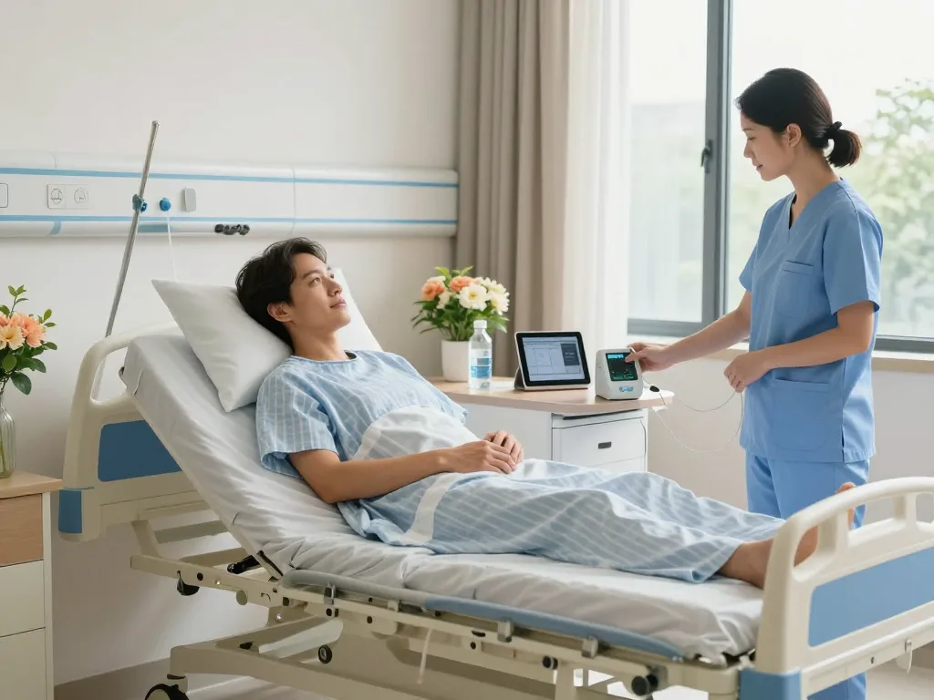 Modern giường bệnh nhân in a hospital room with professional caregiver checking patient, showcasing healthcare comfort.