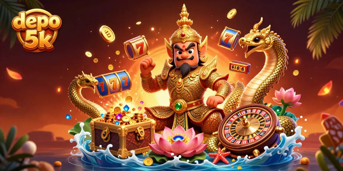 Win big with depo 5k in this vibrant 3D casino illustration loaded with slot machines and treasures.