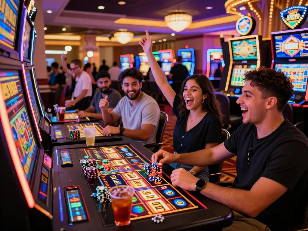 Situs gacor gaming scene with friends celebrating a big win at vibrant slot machines in a lively casino.