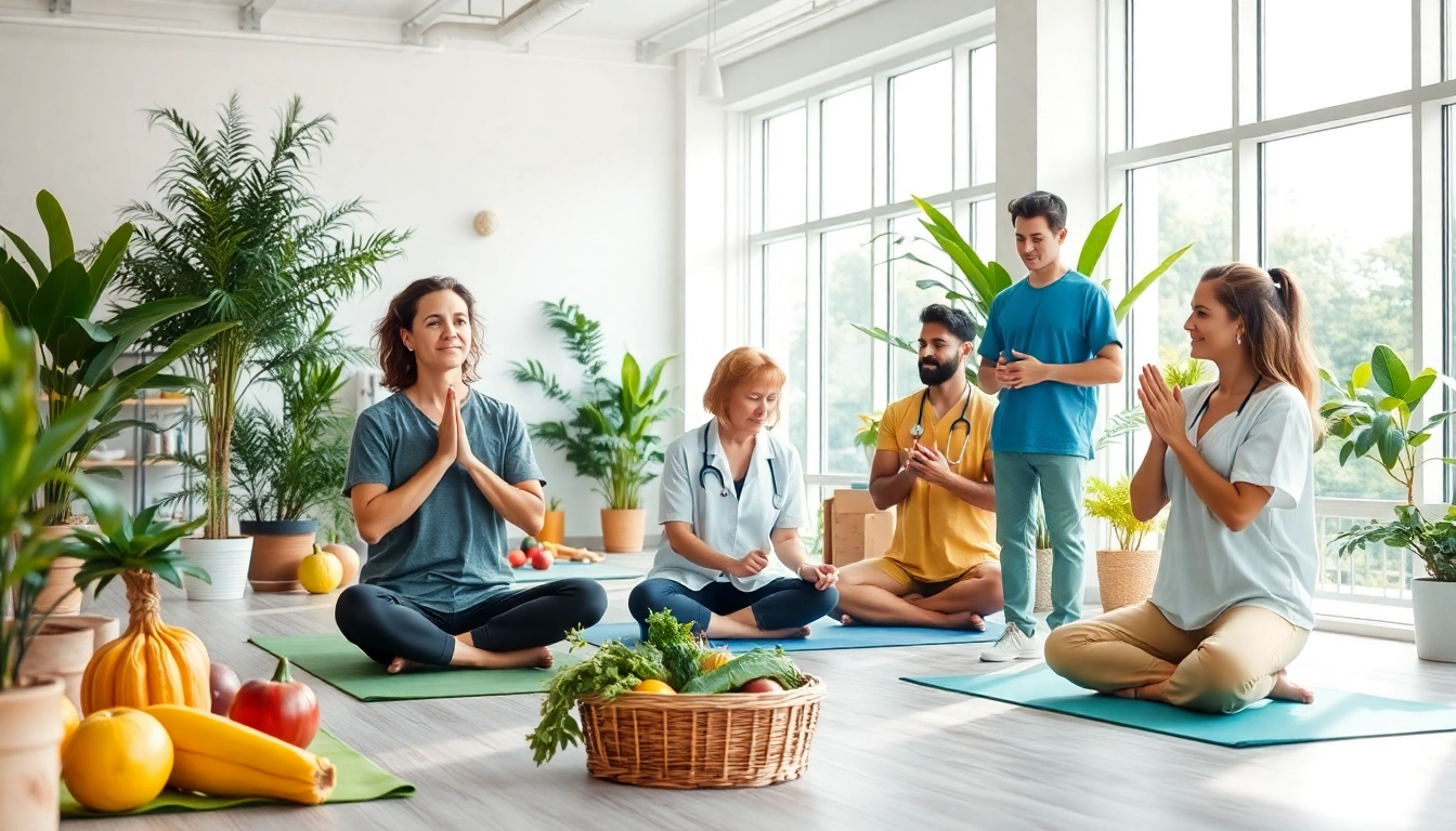 Promoting health through vibrant activities like yoga and cooking in a bright environment.