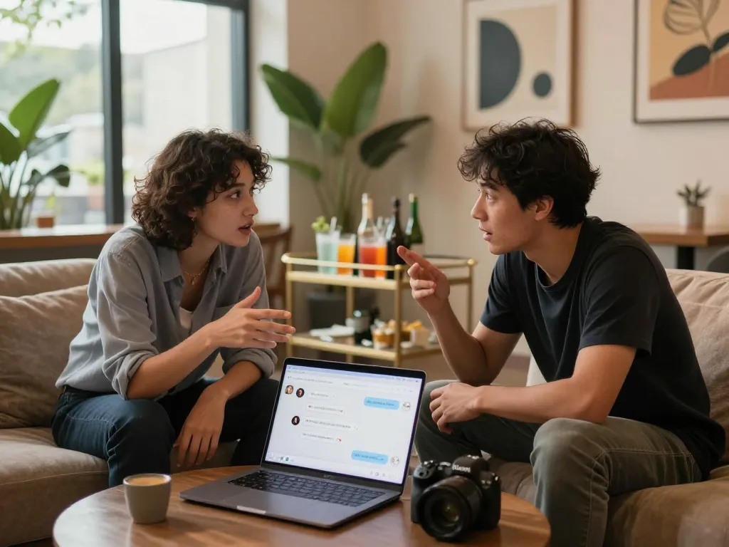 Engaged discussion about nsfw ai chat technology in a cozy lounge setting with interactive AI interface.