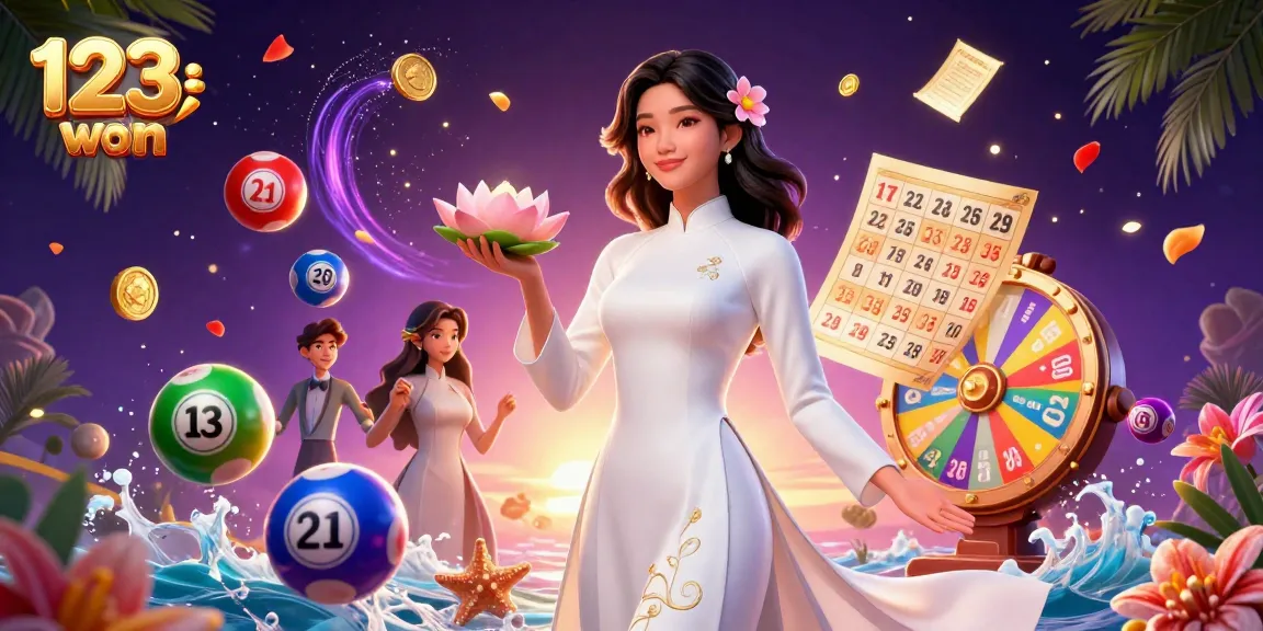 Experience the excitement with 123win com, as vibrant lottery balls bounce around a serene Asian woman in elegant attire.