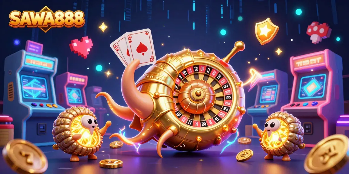 Engage with SAWA888's giant nautilus holding cards, blending casino and gaming elements.