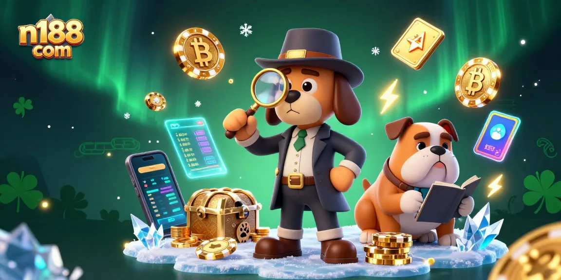 Engage with the thrilling world of n188 com, showcasing a detective uncovering poker chip clues amid vibrant gaming elements.