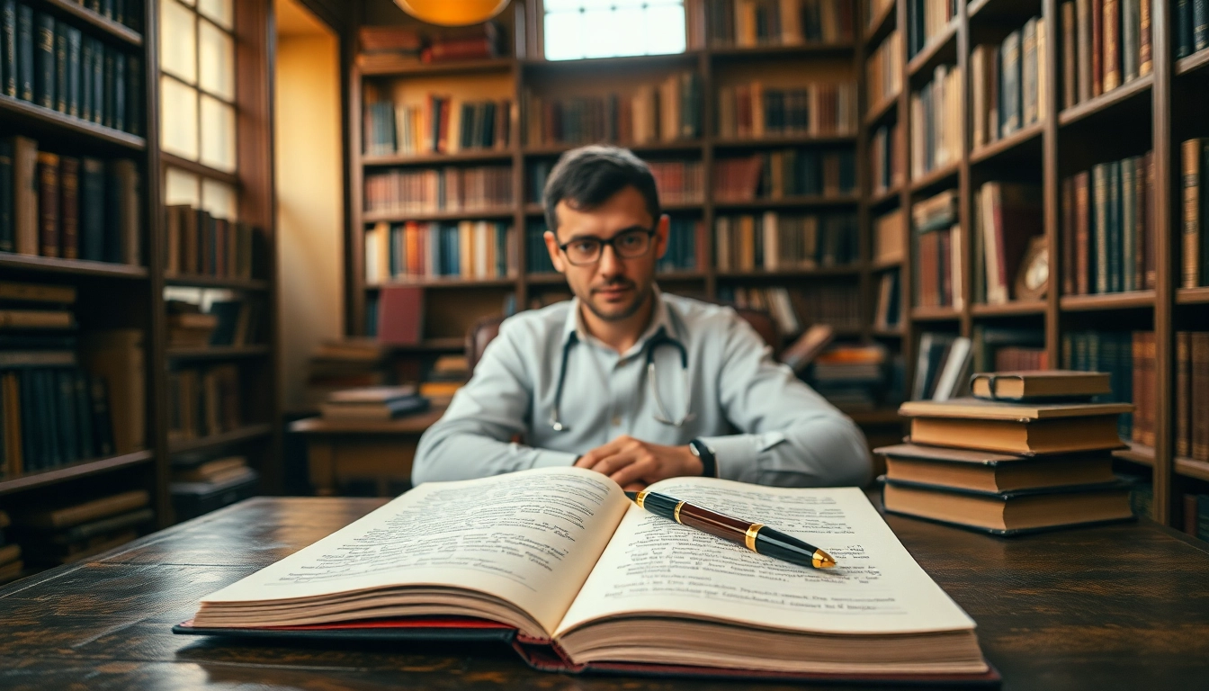 Author writing creatively at a vintage desk in a cozy library setting.