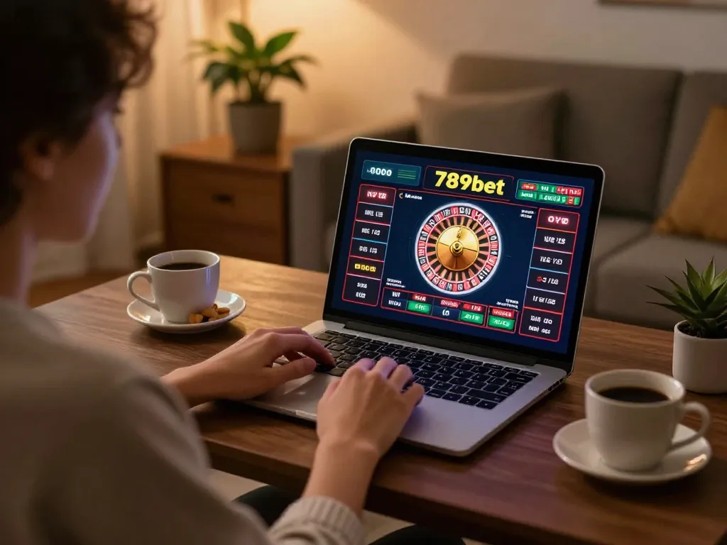 Person enjoying 789bet online casino gaming on laptop at home with cozy ambiance.