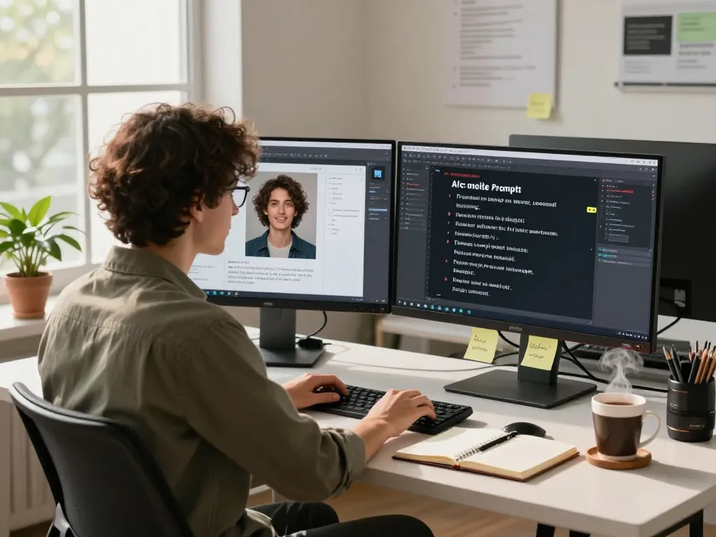 Engineer using AI tools to convert image to prompt ai in a modern workspace, surrounded by tech and natural light.