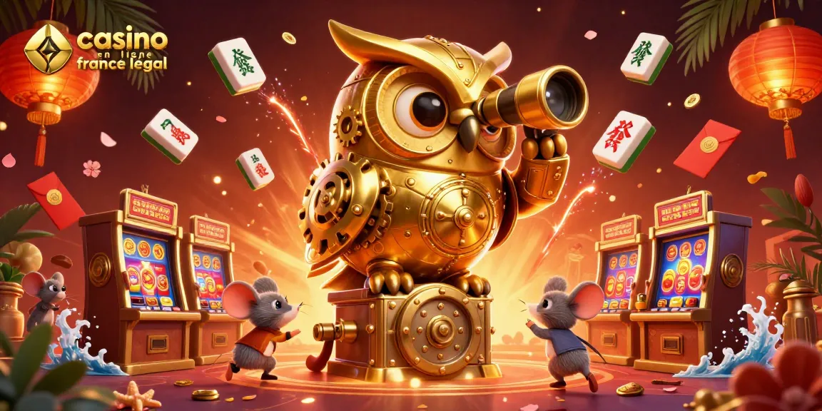 Visualisez un casino en ligne légal en France avec une illustration d'une chouette dorée et des machines à sous.