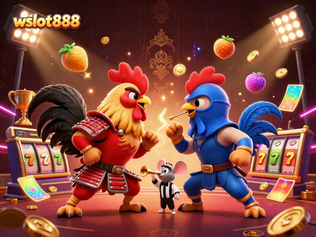 Menangkan jackpot di wslot888 dengan simbol slot dan karakter menarik dalam ilustrasi 3D.
