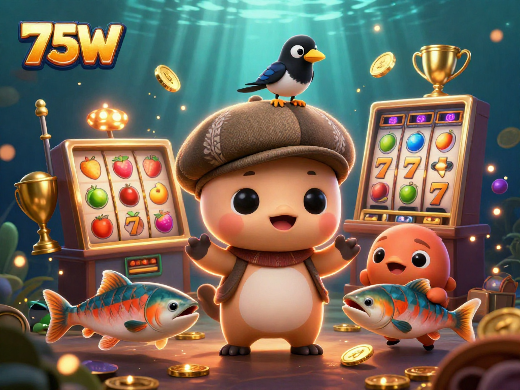 75W, ilustração divertida do cassino com Nessie e elementos de caça ao jackpot.