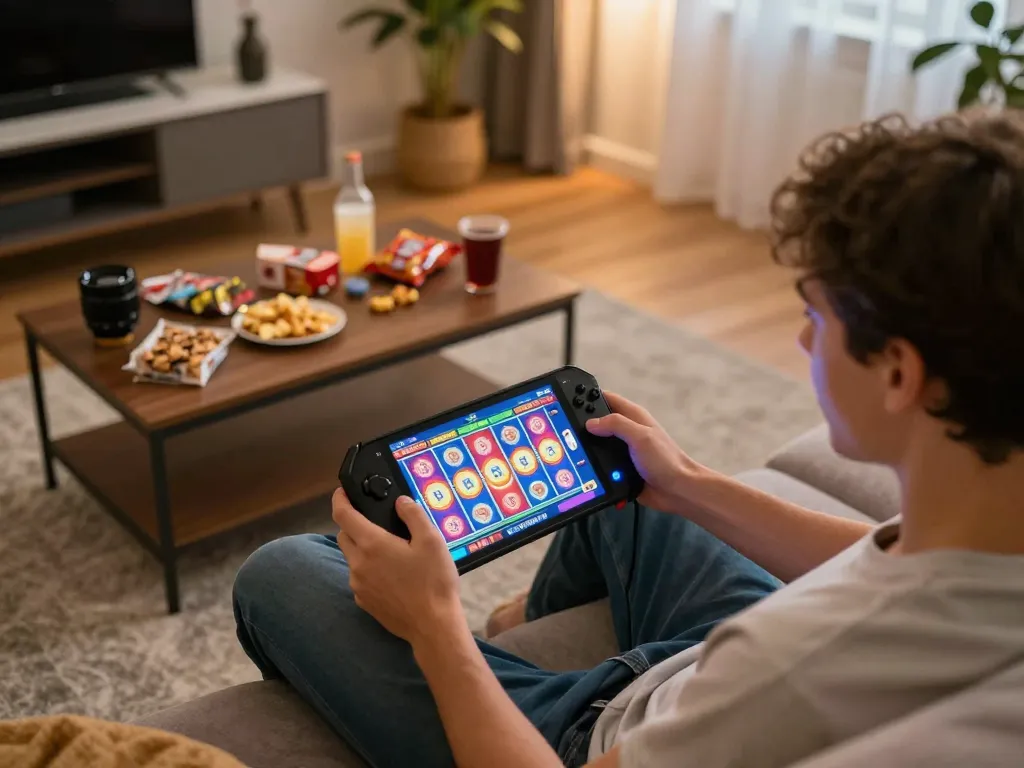 Engaging slot gacor gameplay session at home, featuring a player spinning reels on a handheld device.