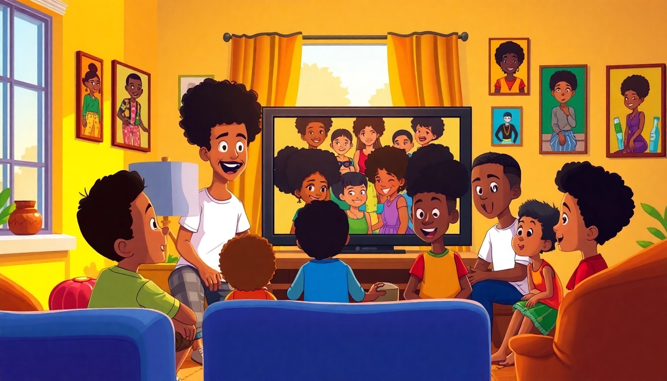A diverse group of children enjoying African American cartoons in a colorful living room setting.