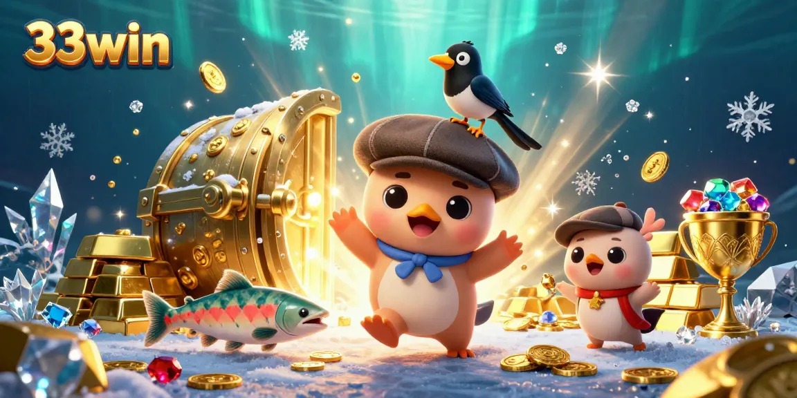 Spin to win big at 33win, featuring colorful characters and a treasure-filled casino scene.