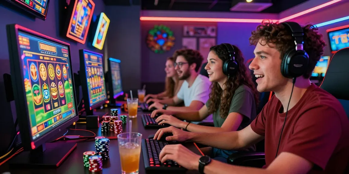 Exciting online gaming group enjoying slot depo 1k challenge at home with vibrant visuals.